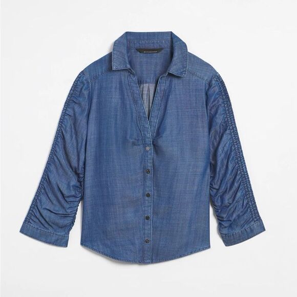 White House Black Market Elbow Sleeve Smocked‎ Denim Shirt size 2 NWT - Picture 5 of 8